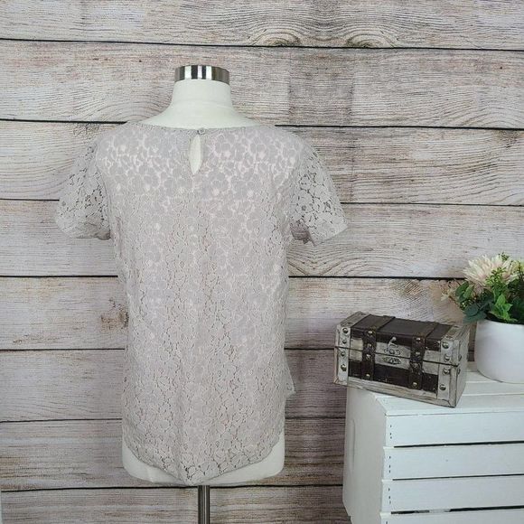 Cynthia Rowley Taupe Lace Overlay Tee Medium - Picture 3 of 3